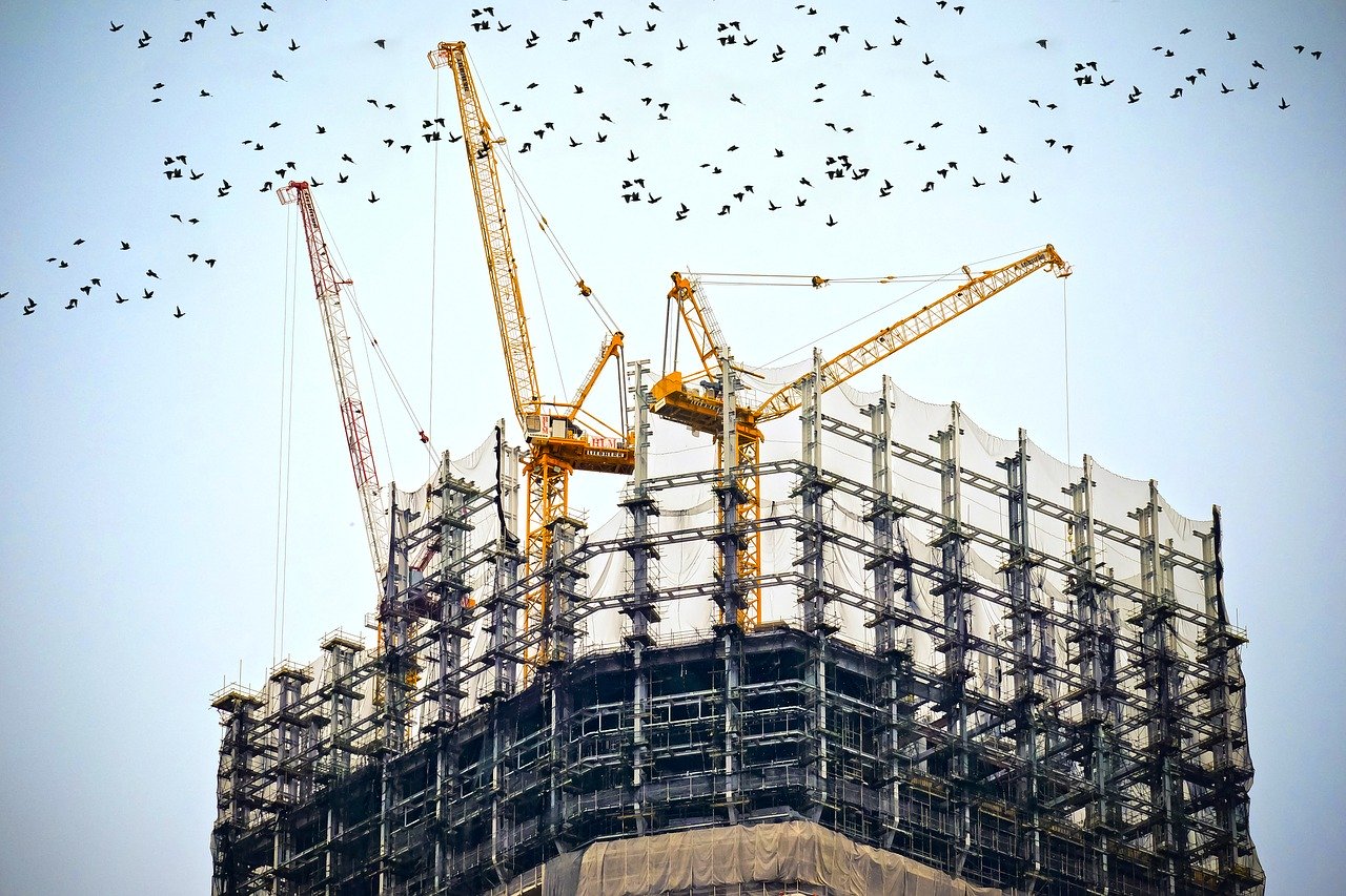 top of a high-rise building under construction. With scaffolding, safety netting, cranes and a flock of birds overhead